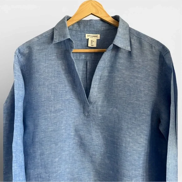 Artisan Ny Linen Blue Long Sleeve Pullover Dress Large - Picture 2 of 3